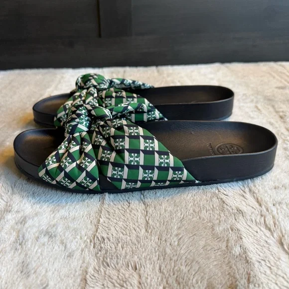 NEW Tory Burch Puffy Knotted Anatomic Slide Fabric Sandals in Geo Logo Green - Picture 6 of 9
